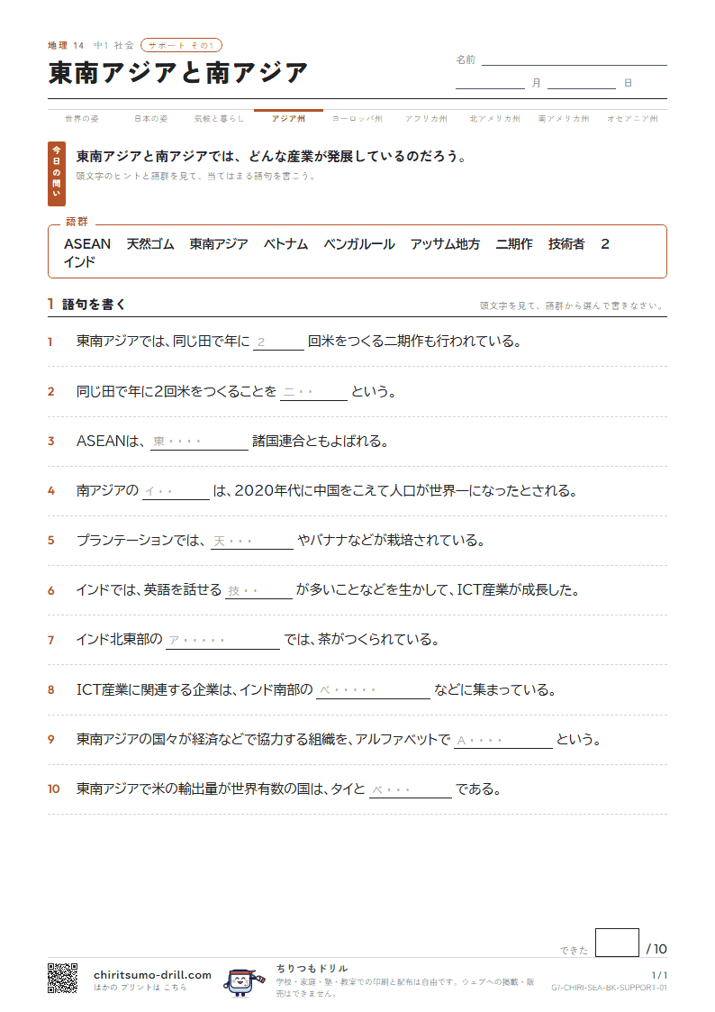 東南アジアと南アジア サポート その1の見本