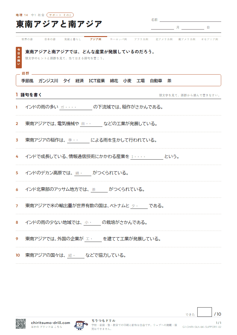 東南アジアと南アジア サポート その2の見本