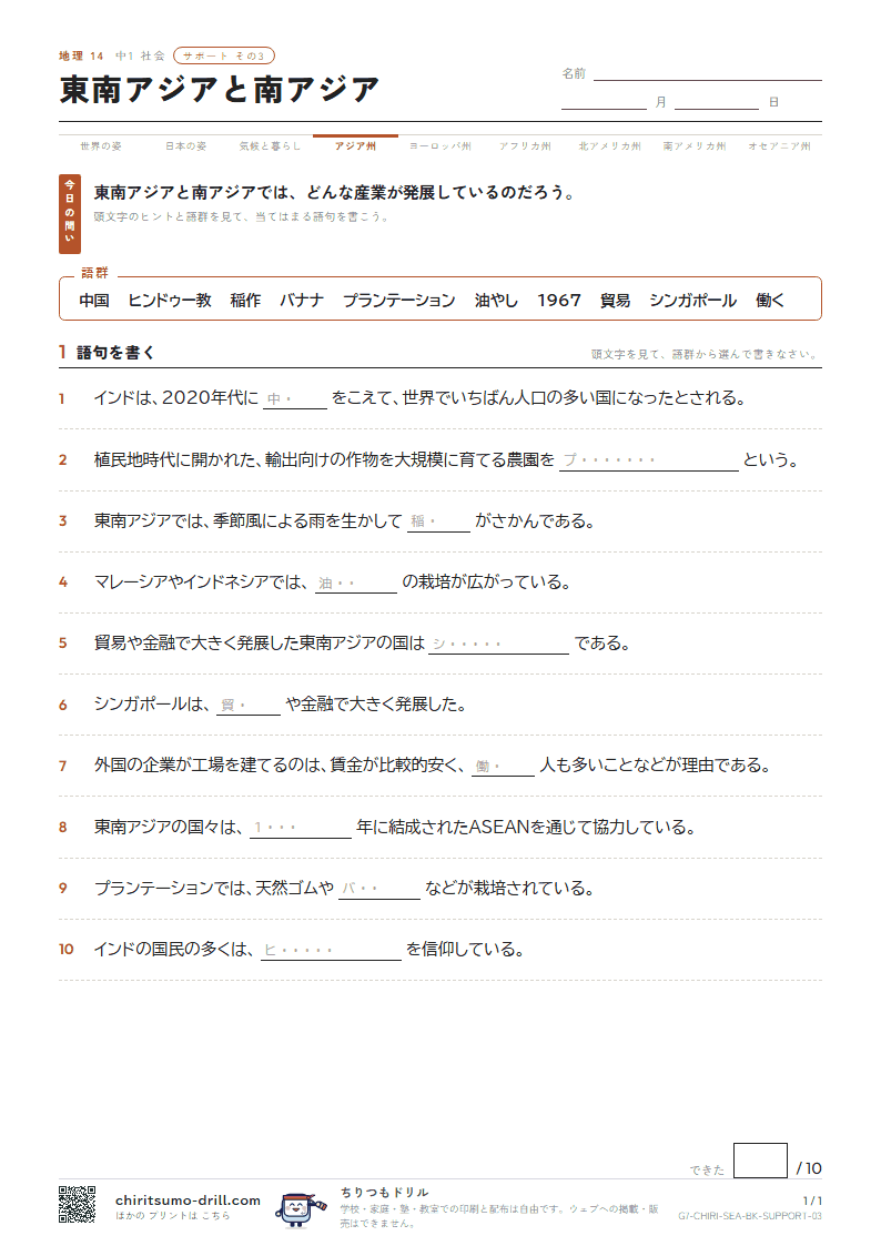 東南アジアと南アジア サポート その3の見本