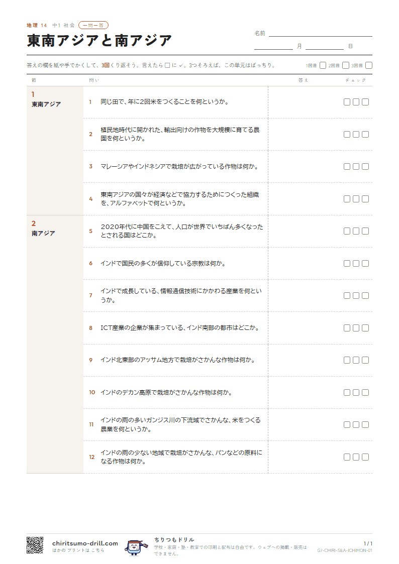 東南アジアと南アジア 一問一答の見本