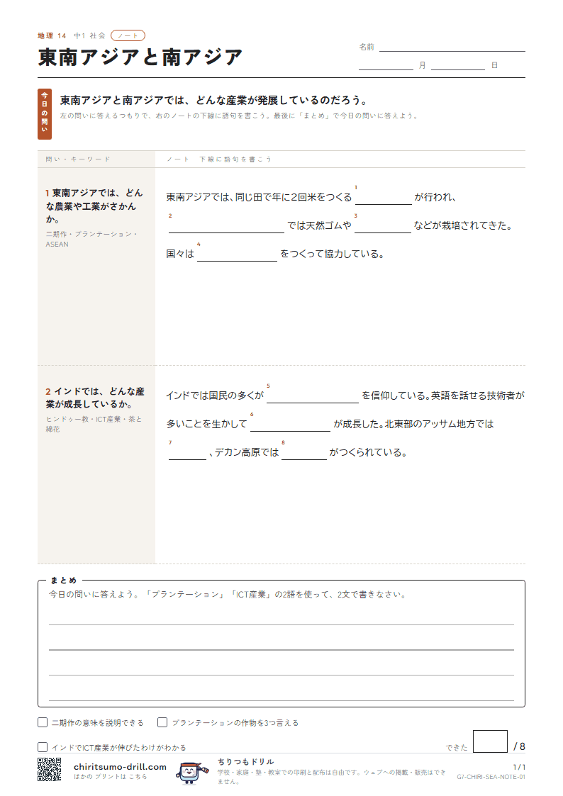 東南アジアと南アジア ノートの見本