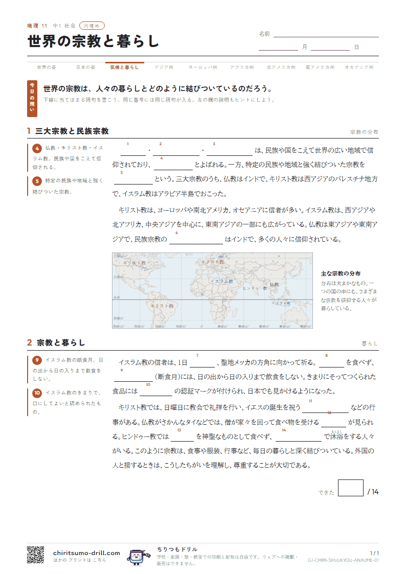 世界の宗教と暮らし 穴埋めの見本