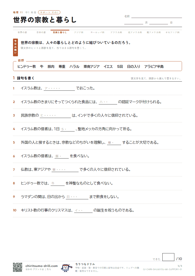 世界の宗教と暮らし サポート その1の見本