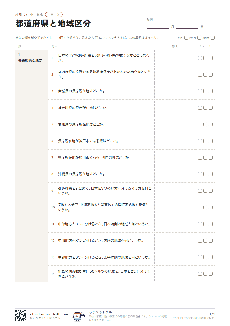 都道府県と地域区分 一問一答の見本
