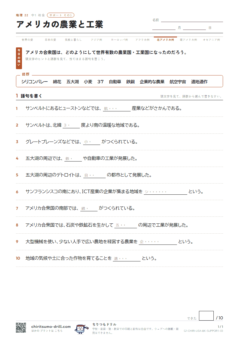 アメリカの農業と工業 サポート その3の見本