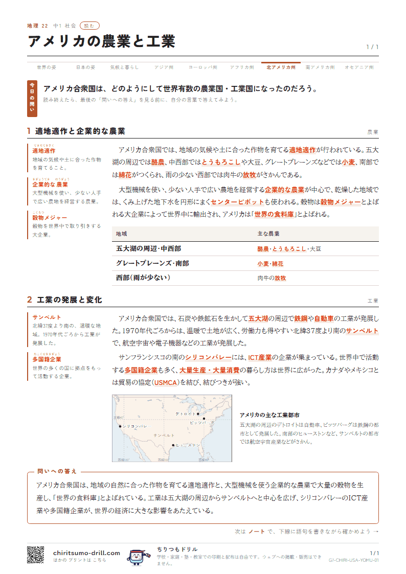 アメリカの農業と工業 読むの見本