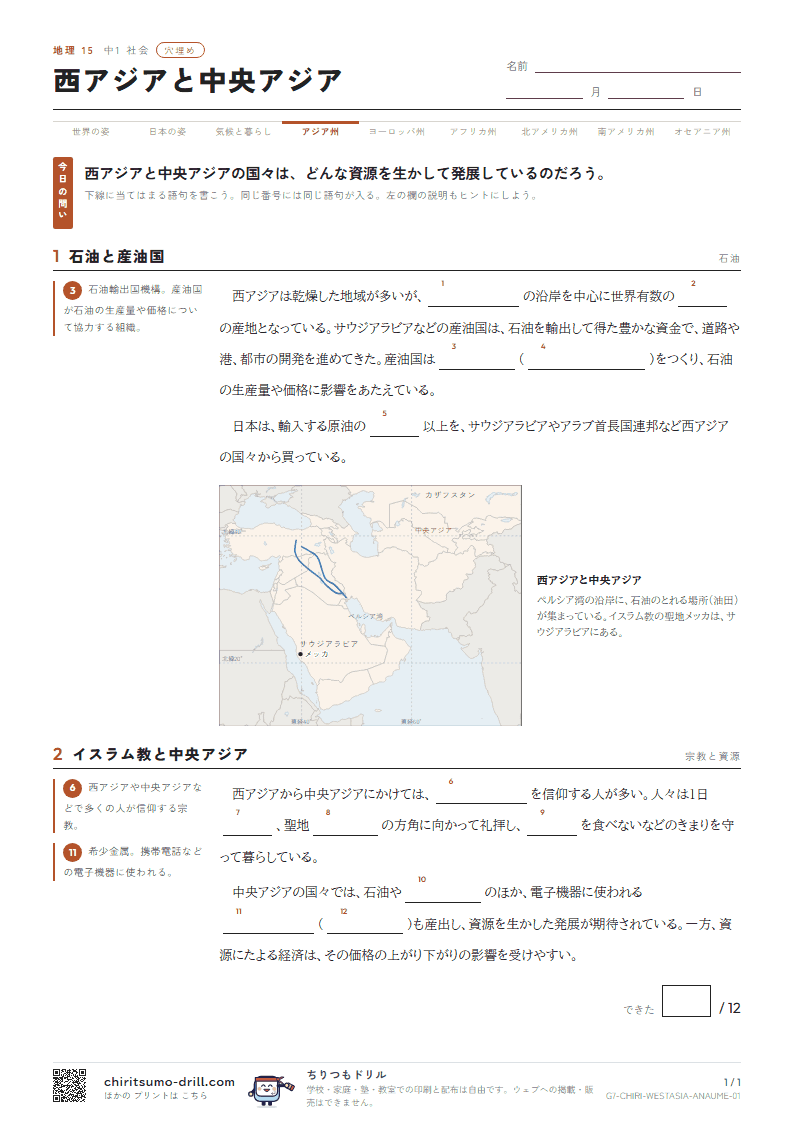 西アジアと中央アジア 穴埋めの見本