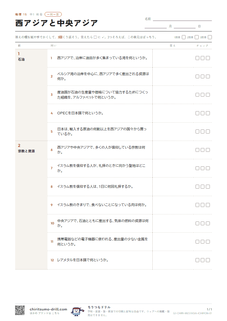 西アジアと中央アジア 一問一答の見本