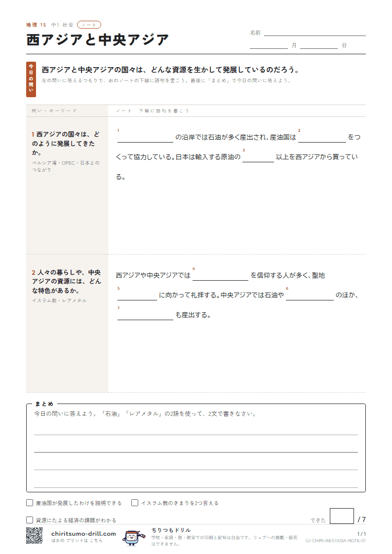 西アジアと中央アジア ノートの見本