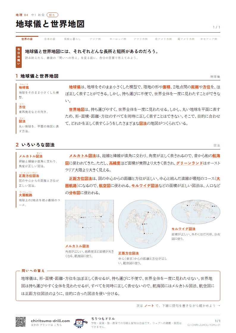 地球儀と世界地図 読むの見本