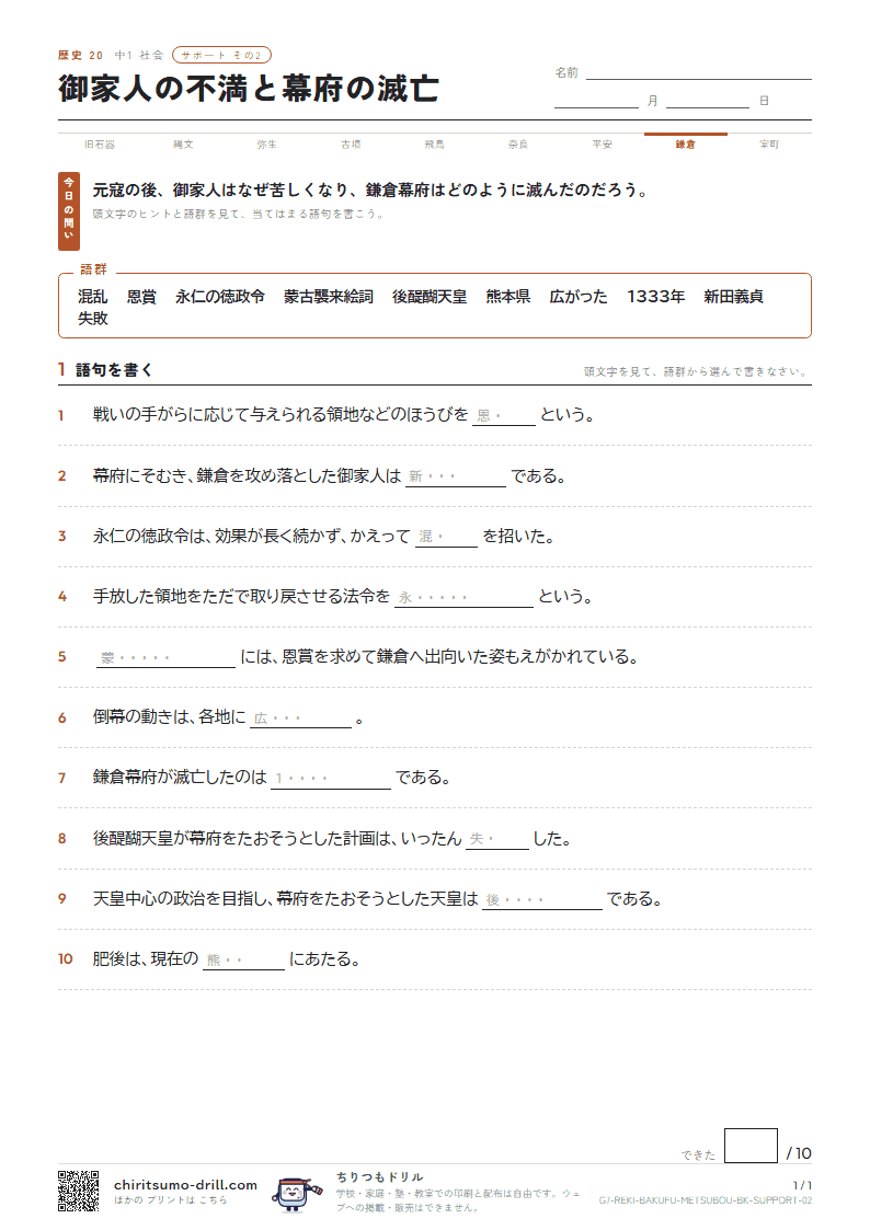 御家人の不満と幕府の滅亡 サポート その2の見本