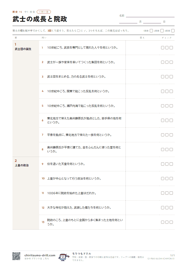 武士の成長と院政 一問一答の見本
