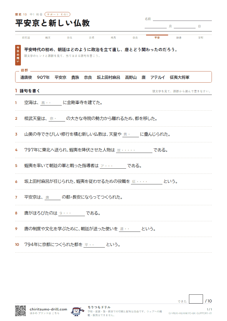 平安京と新しい仏教 サポート その1の見本
