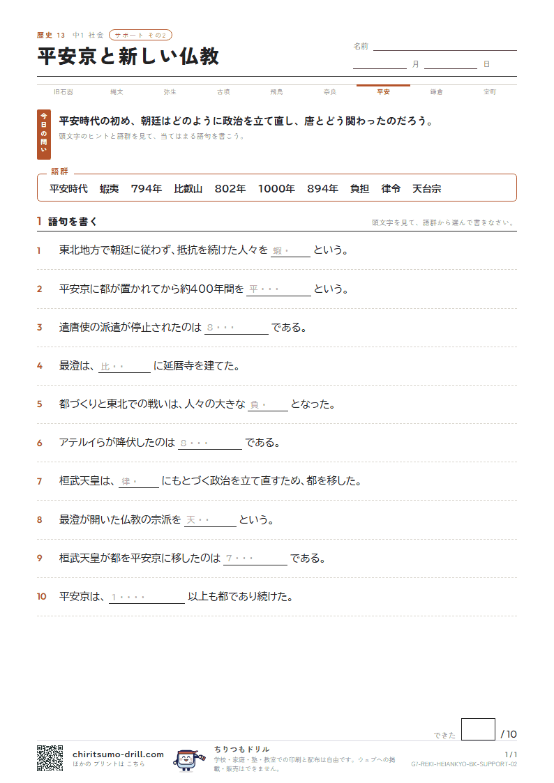 平安京と新しい仏教 サポート その2の見本