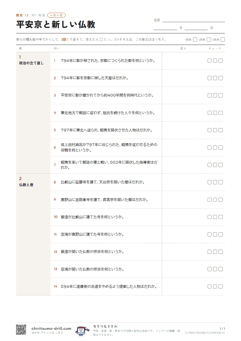 平安京と新しい仏教 一問一答の見本