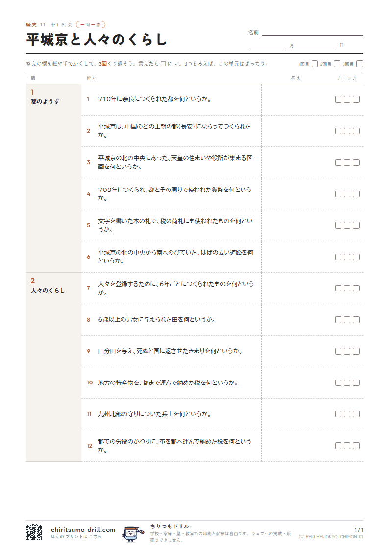 平城京と人々のくらし 一問一答の見本