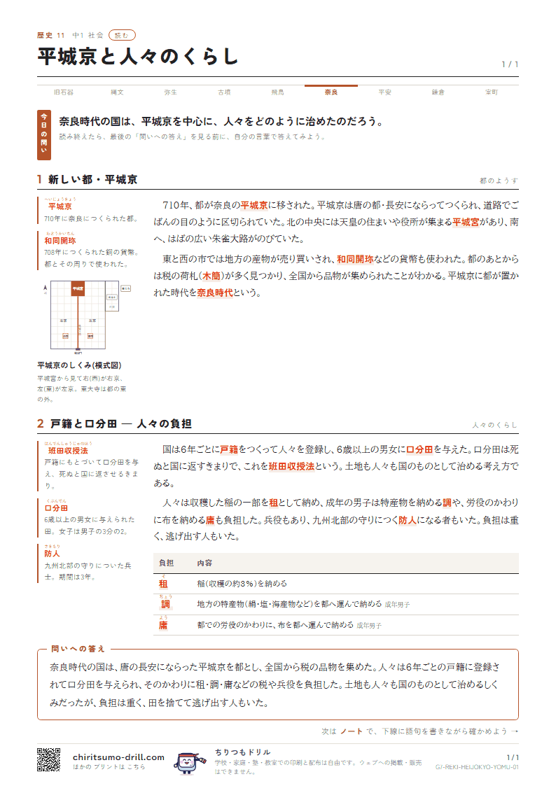 平城京と人々のくらし 読むの見本