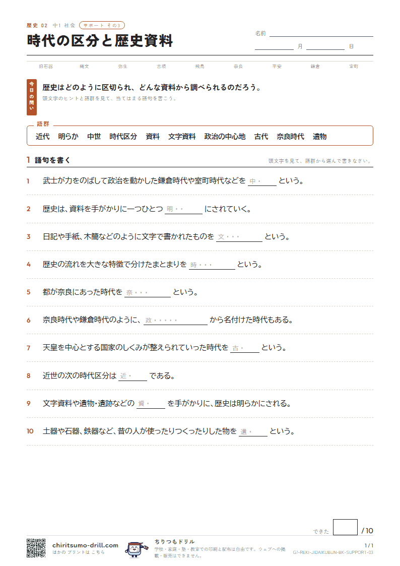 時代の区分と歴史資料 サポート その3の見本