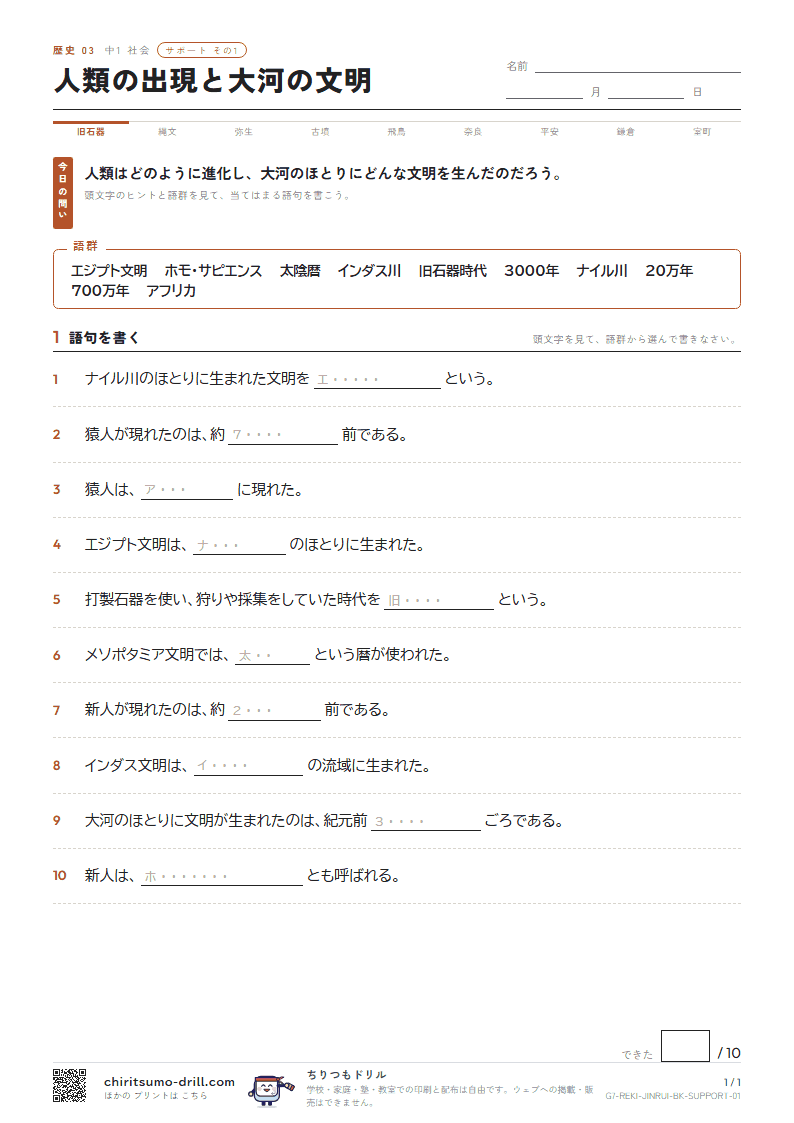 人類の出現と大河の文明 サポート その1の見本