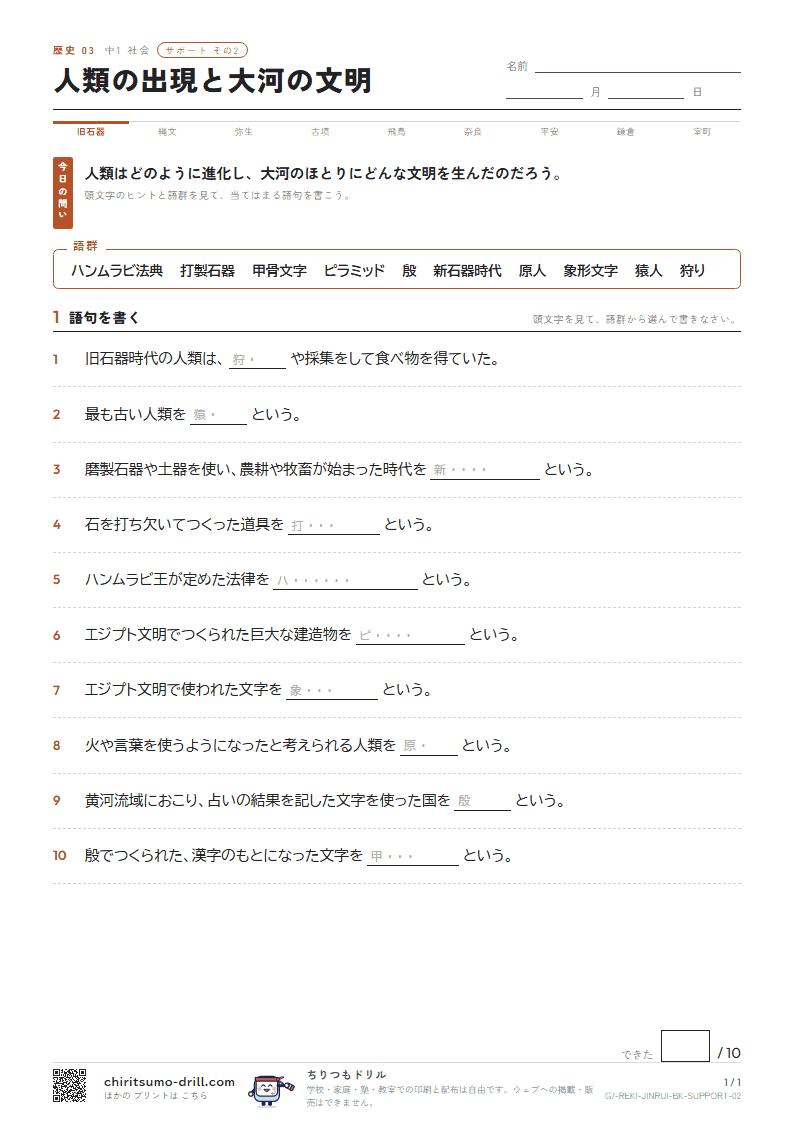 人類の出現と大河の文明 サポート その2の見本