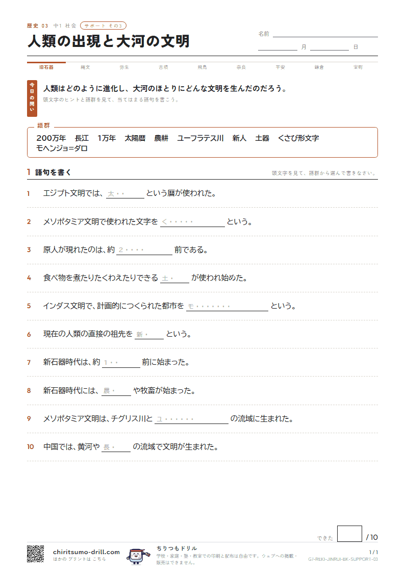 人類の出現と大河の文明 サポート その3の見本