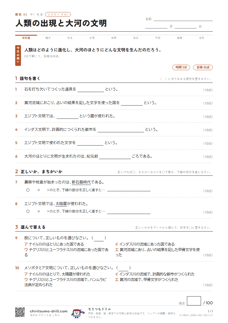 人類の出現と大河の文明 小テスト その1の見本