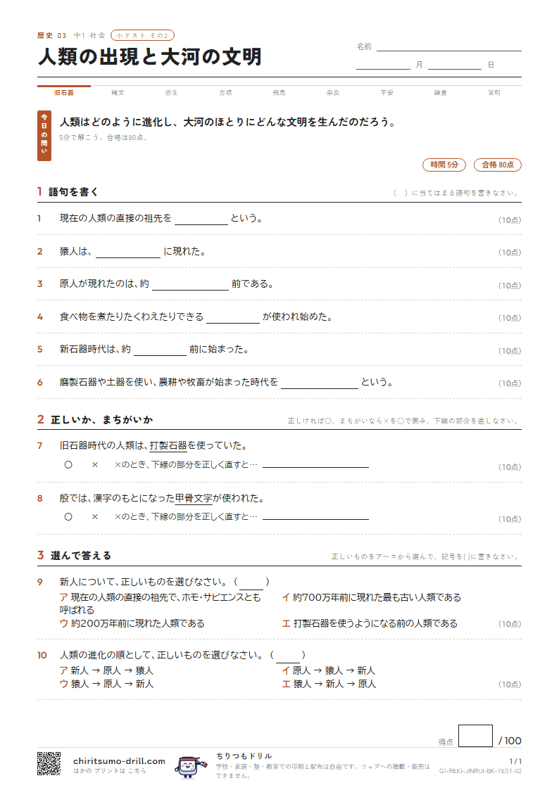 人類の出現と大河の文明 小テスト その2の見本