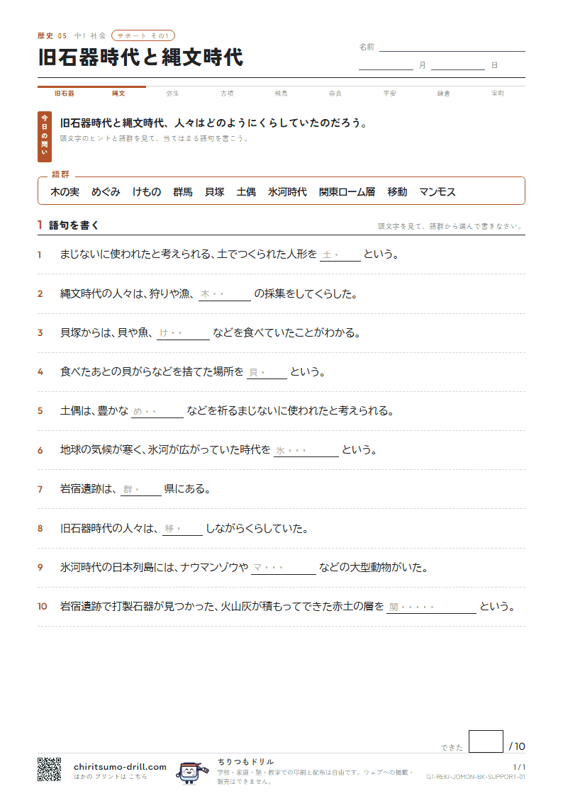 旧石器時代と縄文時代 サポート その1の見本