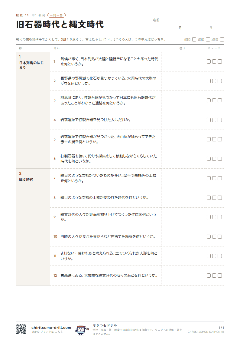 旧石器時代と縄文時代 一問一答の見本