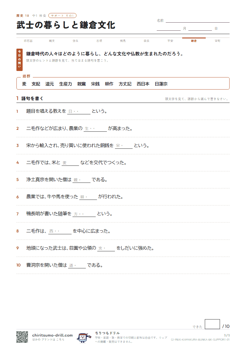 武士の暮らしと鎌倉文化 サポート その1の見本