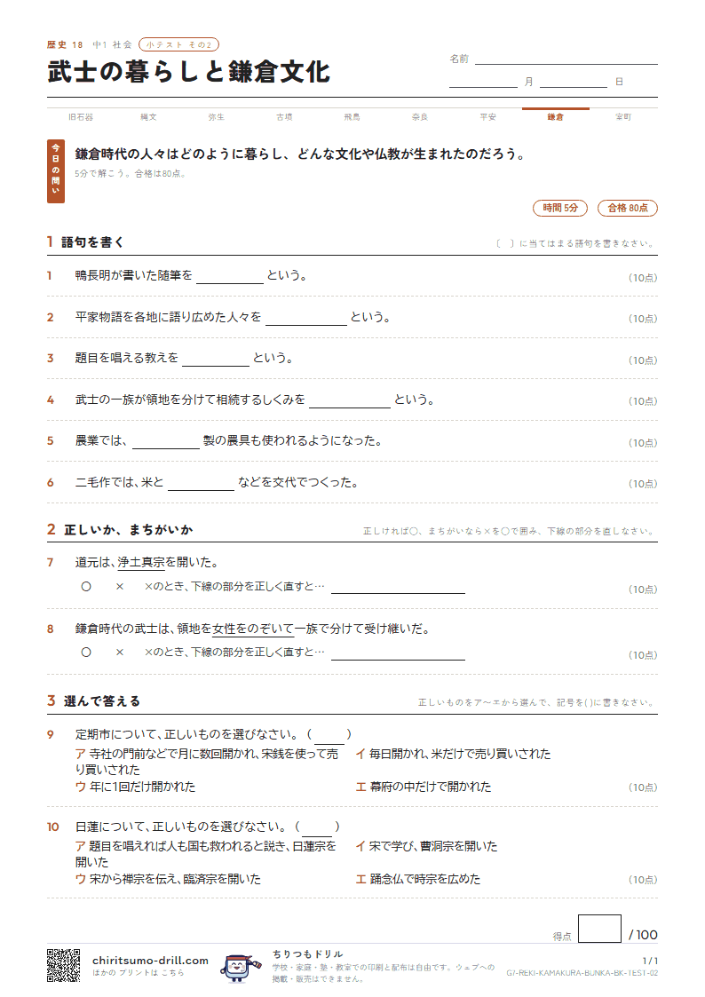 武士の暮らしと鎌倉文化 小テスト その2の見本