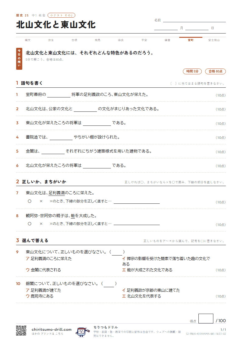 北山文化と東山文化 小テスト その2の見本