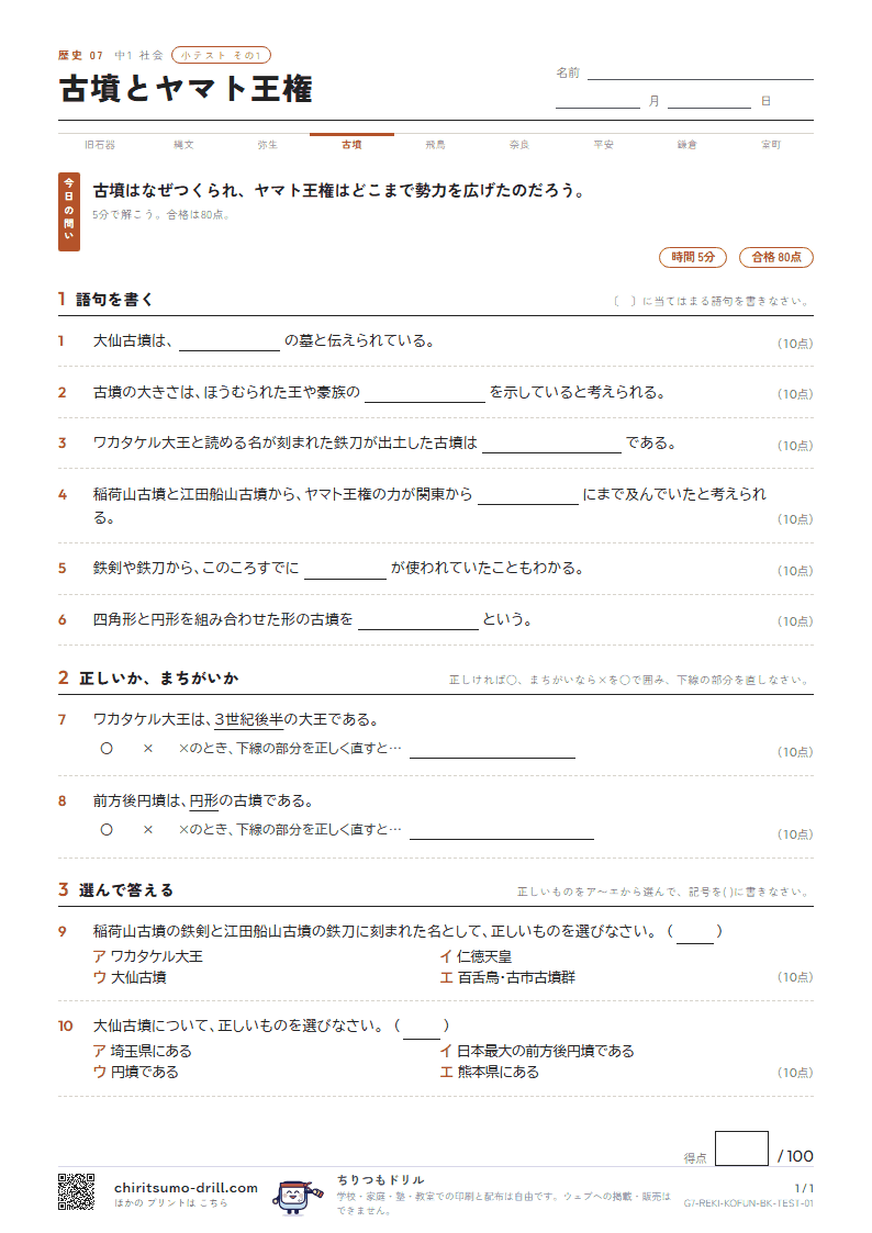 古墳とヤマト王権 小テスト その1の見本