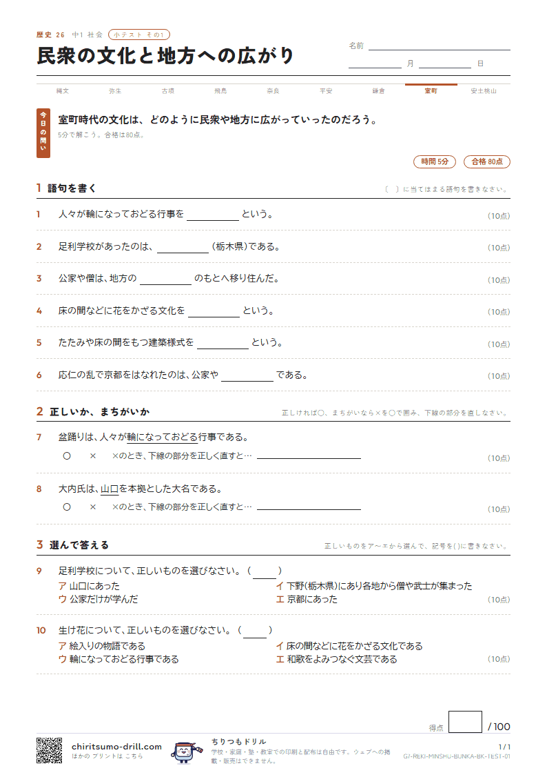 民衆の文化と地方への広がり 小テスト その1の見本