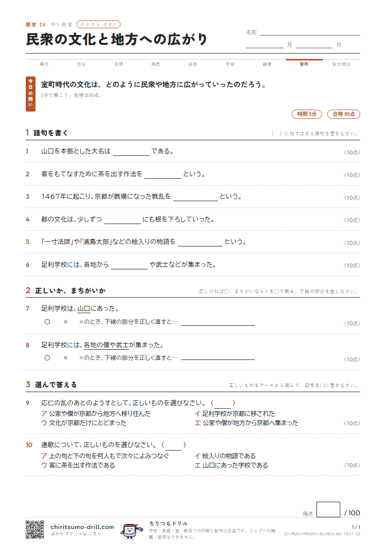 民衆の文化と地方への広がり 小テスト その2の見本