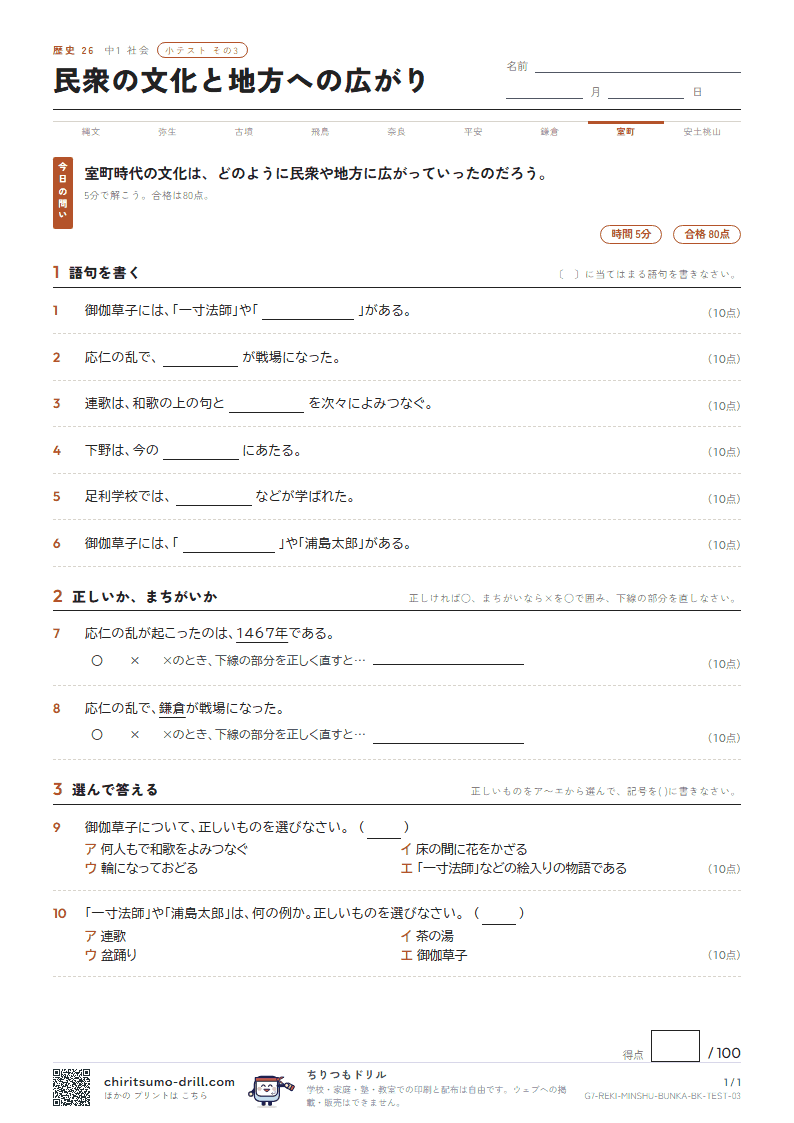 民衆の文化と地方への広がり 小テスト その3の見本