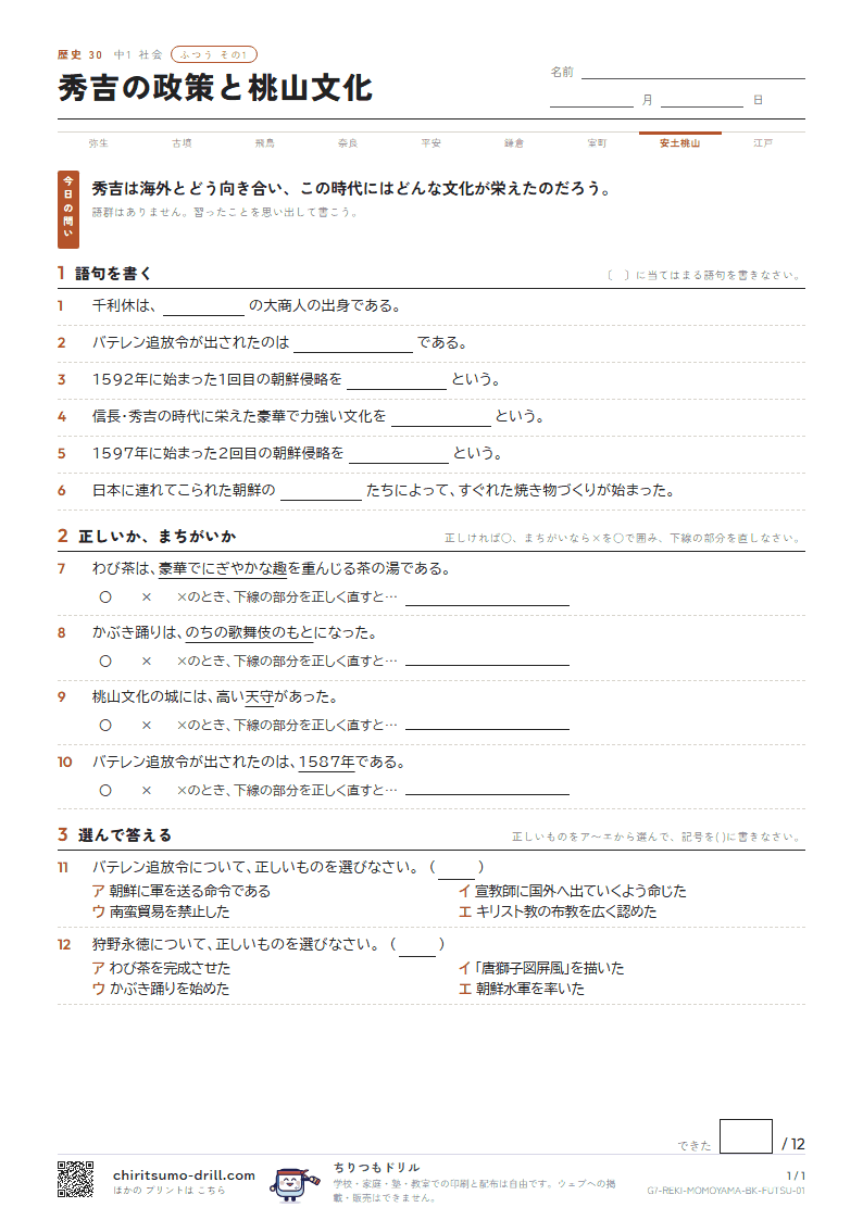 秀吉の政策と桃山文化 ふつう その1の見本