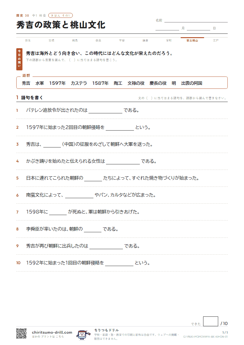秀吉の政策と桃山文化 きほん その1の見本