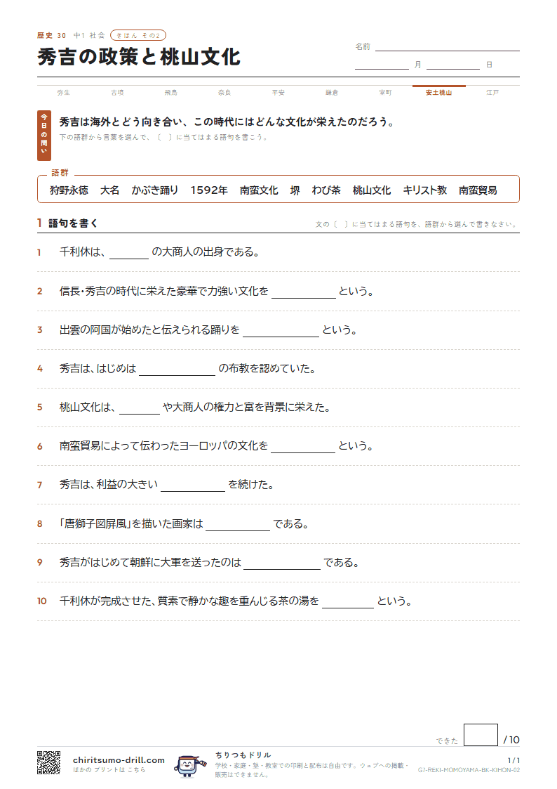秀吉の政策と桃山文化 きほん その2の見本