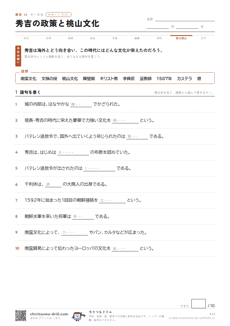 秀吉の政策と桃山文化 サポート その1の見本