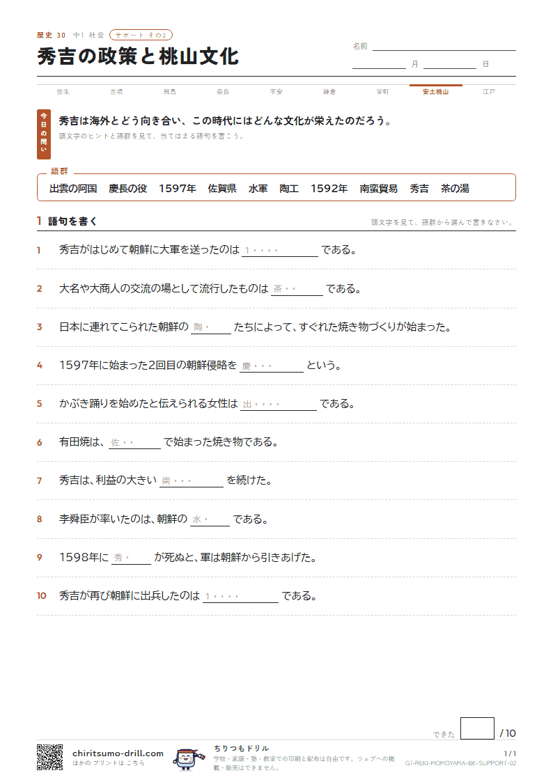 秀吉の政策と桃山文化 サポート その2の見本
