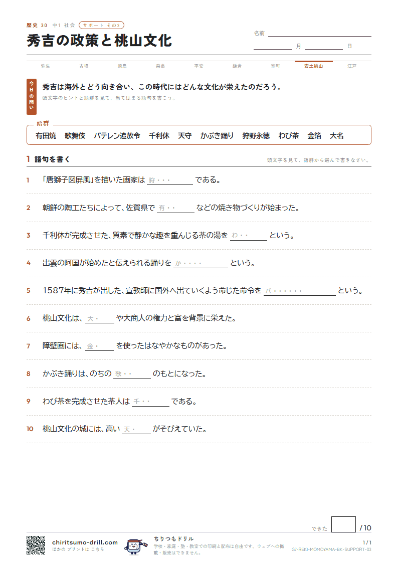 秀吉の政策と桃山文化 サポート その3の見本