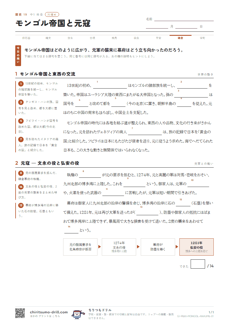 モンゴル帝国と元寇 穴埋めの見本