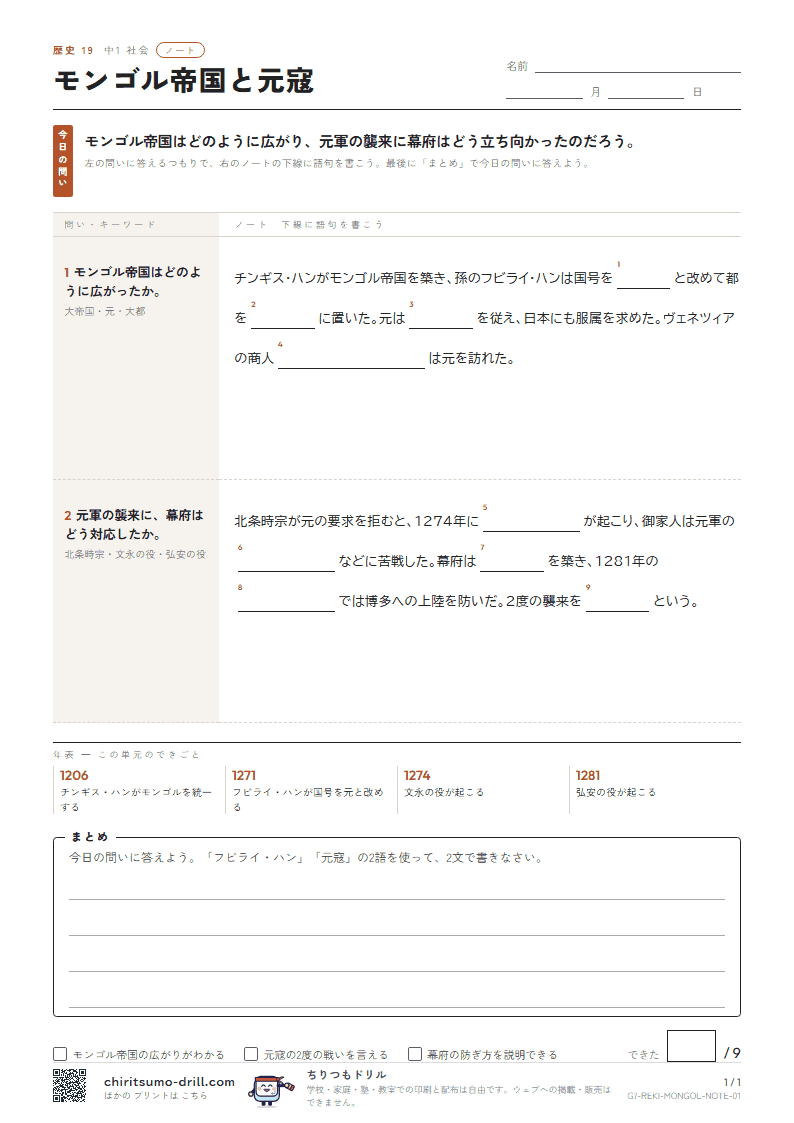 モンゴル帝国と元寇 ノートの見本