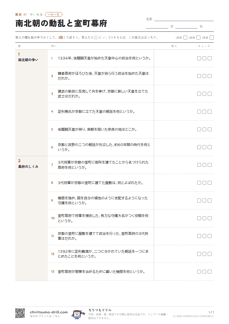 南北朝の動乱と室町幕府 一問一答の見本