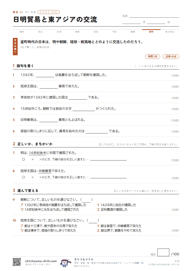 日明貿易と東アジアの交流 小テスト その2の見本
