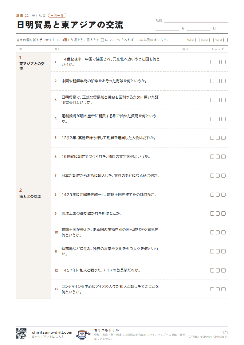 日明貿易と東アジアの交流 一問一答の見本