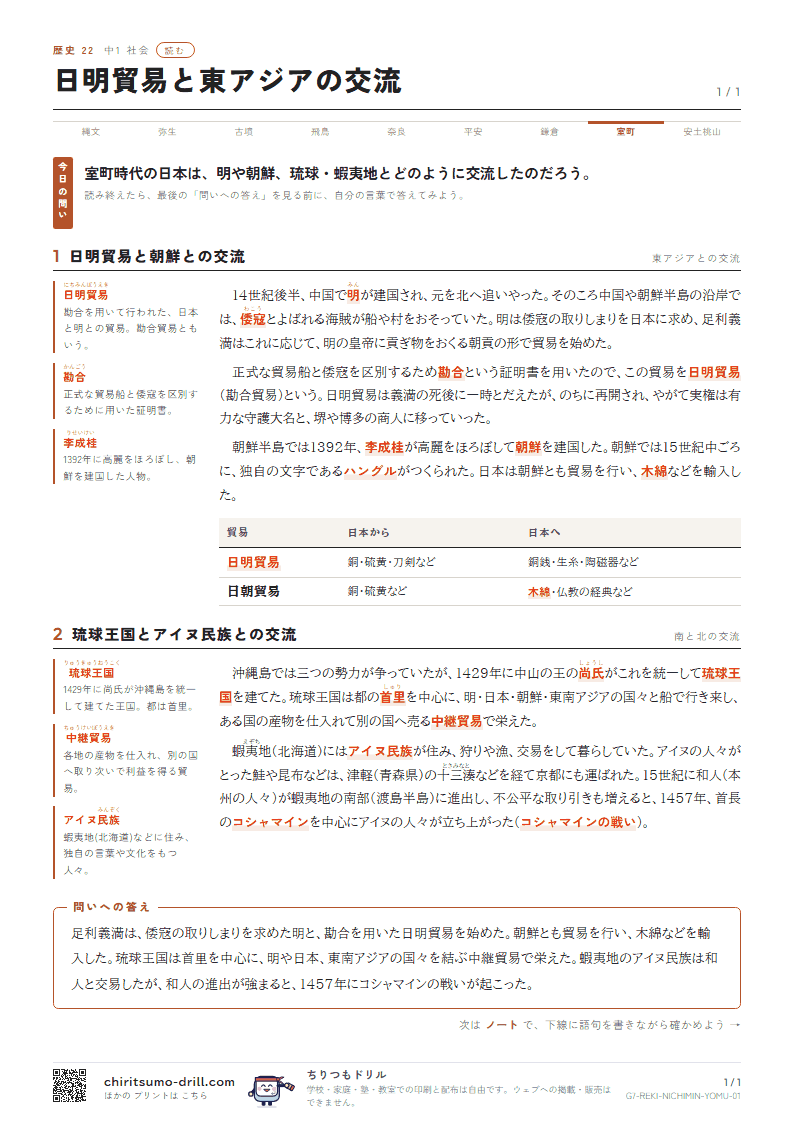 日明貿易と東アジアの交流 読むの見本