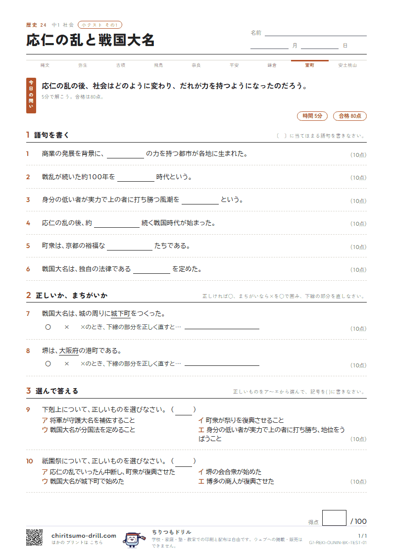 応仁の乱と戦国大名 小テスト その1の見本