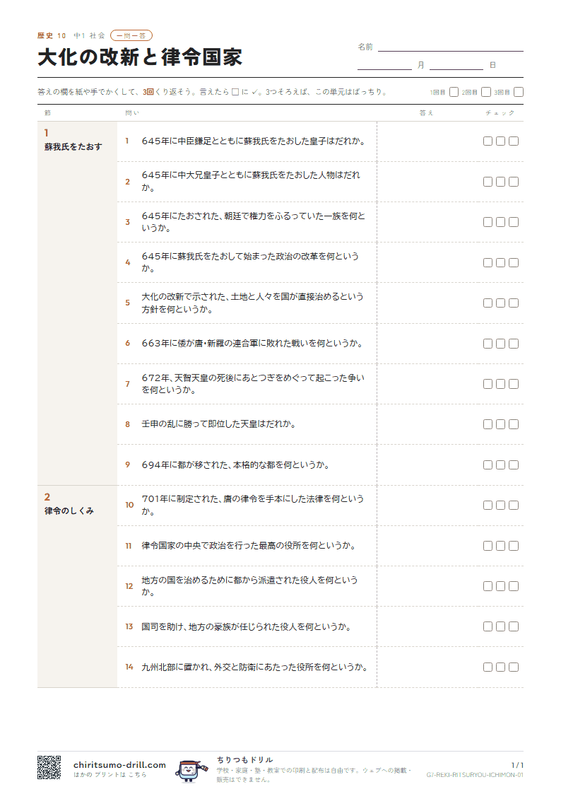大化の改新と律令国家 一問一答の見本